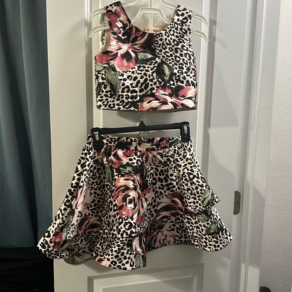 Cheetah and floral print top with matching skirt, size 7, worn only one